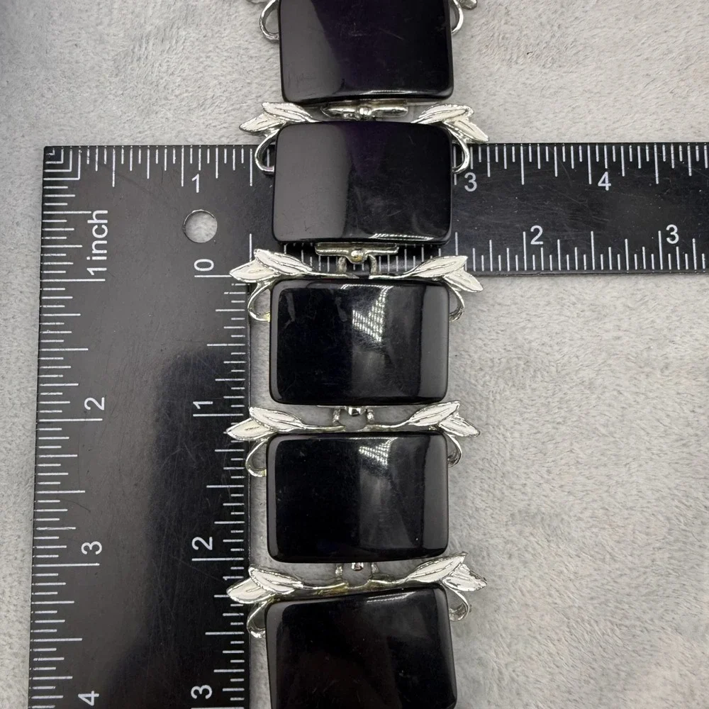 Vintage Thermoset Bracelet Silver‎ Tone Black Wide Chunky MCM  7